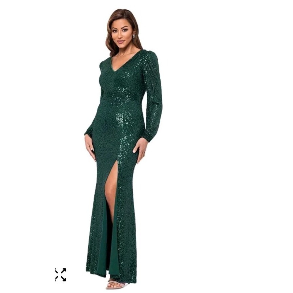 Xscape Sequin Long-Sleeve Side-Slit Gown Hunter 6 Holiday Gala‎ Formal Bodycon